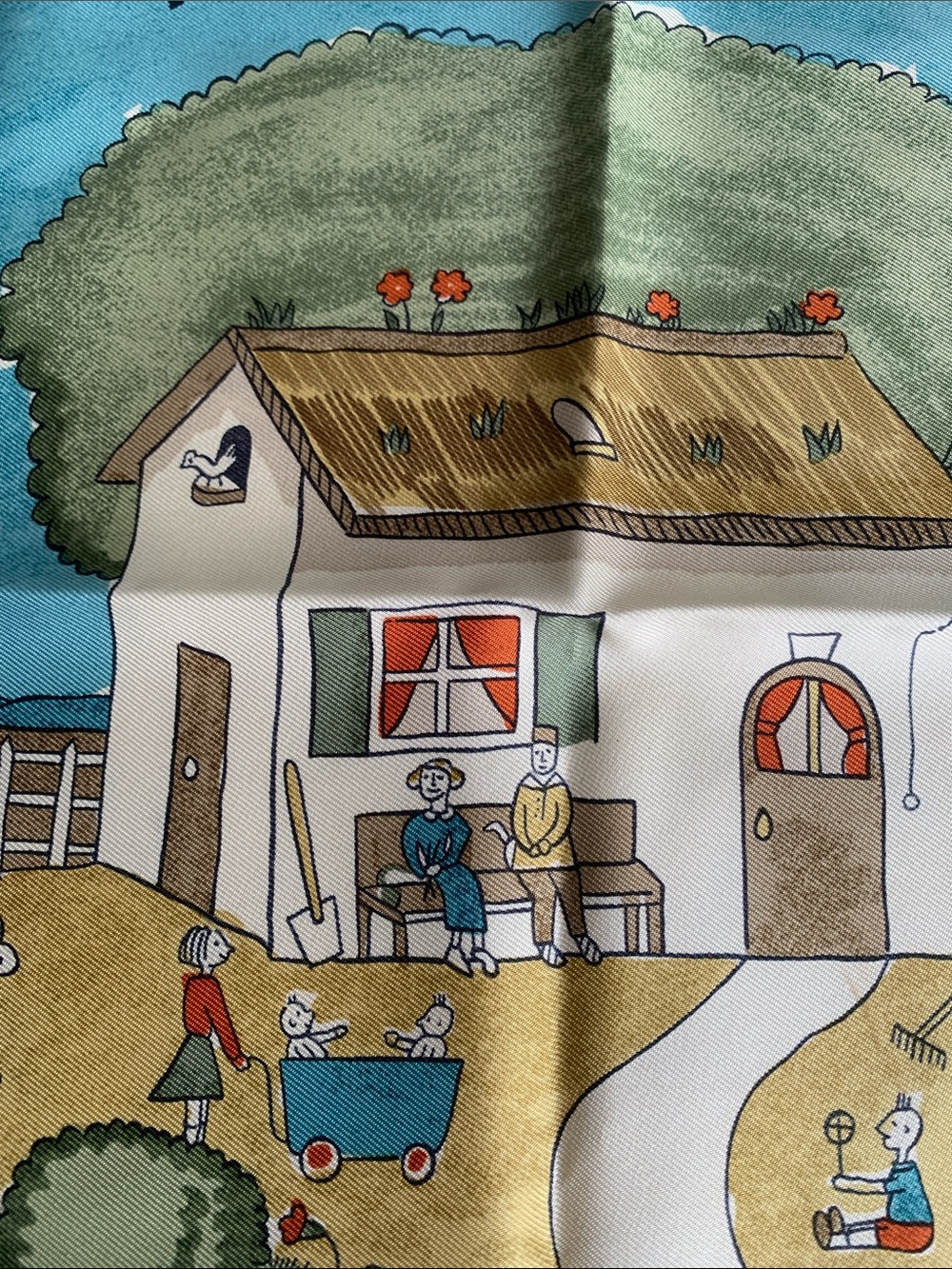Hermès Multicolor 'Retour à la Terre' Silk Scarf with Green, Blue, Cream & Tan - Picture 6 of 14